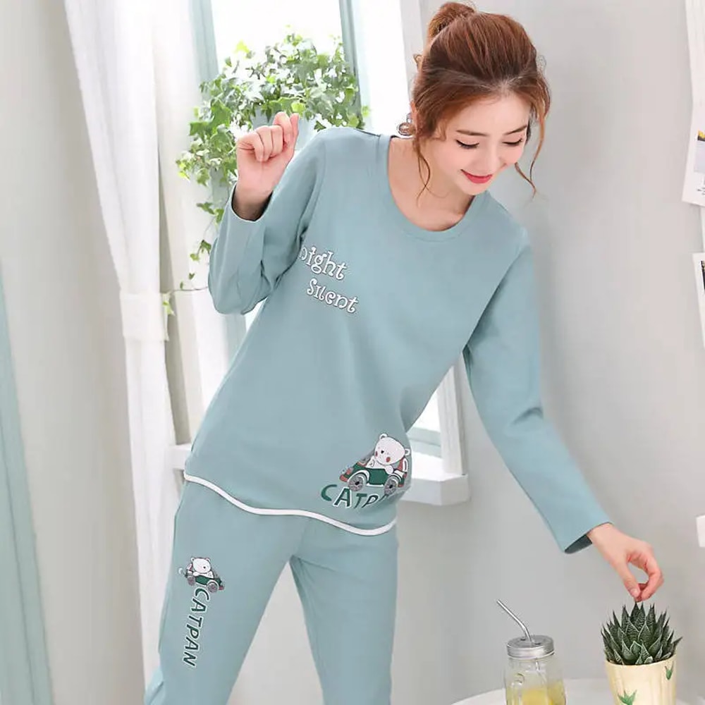 Women Autumn Thin Pyjamas Set Round Neck Bear Pajamas Teacup Cat Full Sleepwear Tops Lovers Pajama 1