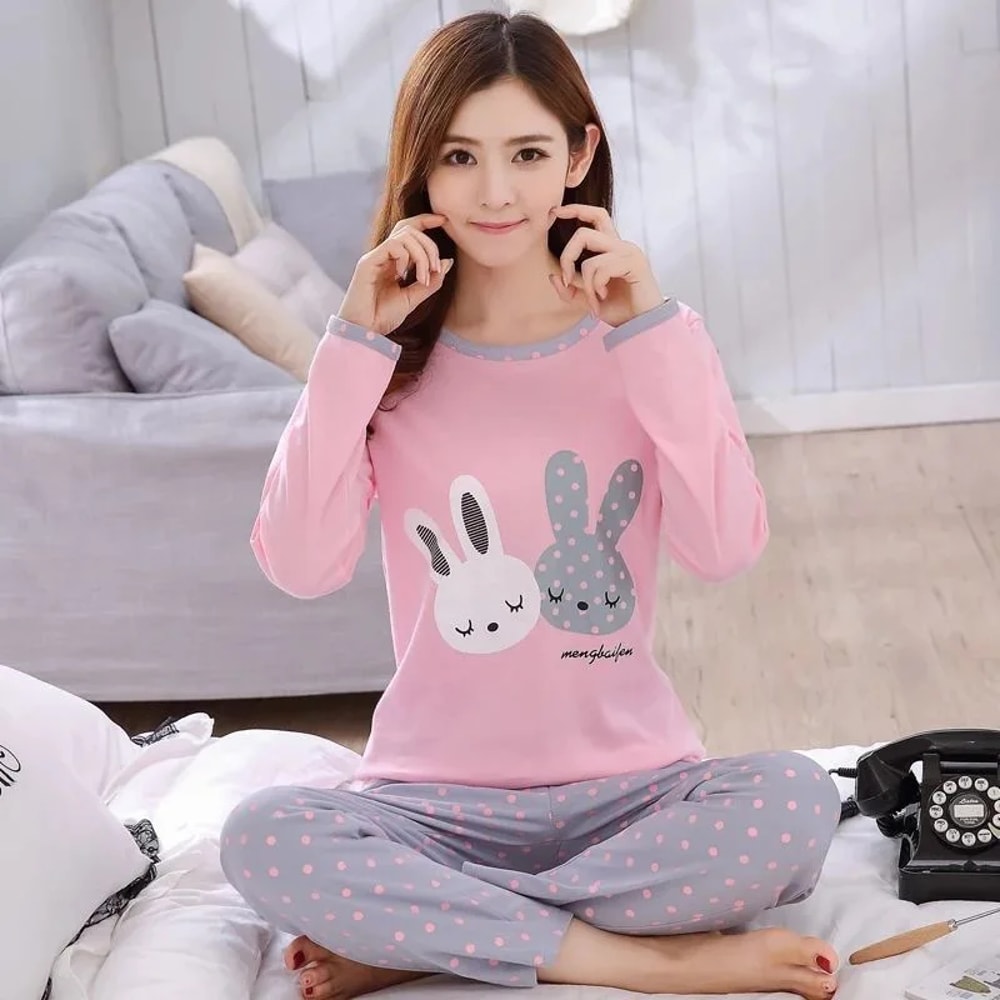 Women Autumn Thin Pyjamas Set Round Neck Bear Pajamas Teacup Cat Full Sleepwear Tops Lovers Pajama 6