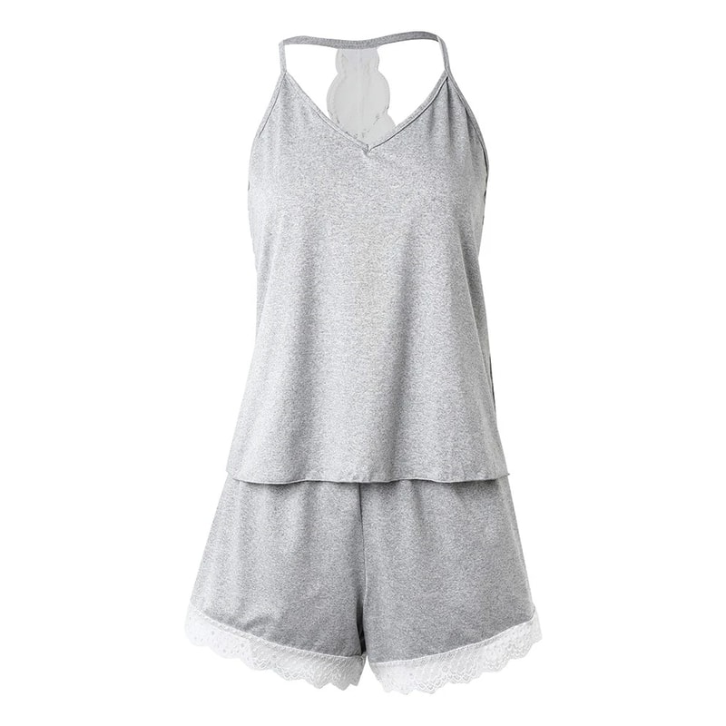 Womens Crochet Lace Pajamas Set Sexy Sleeveless VNeck Sleepwear Casual Solid Home Clothes For Summe 4