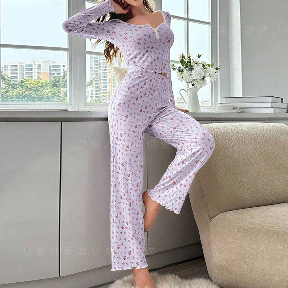 Comfortable Womens Floral Print Pajama Set Sexy Long Sleeve Top And Pants Soft Sleepwear Two Piece 0