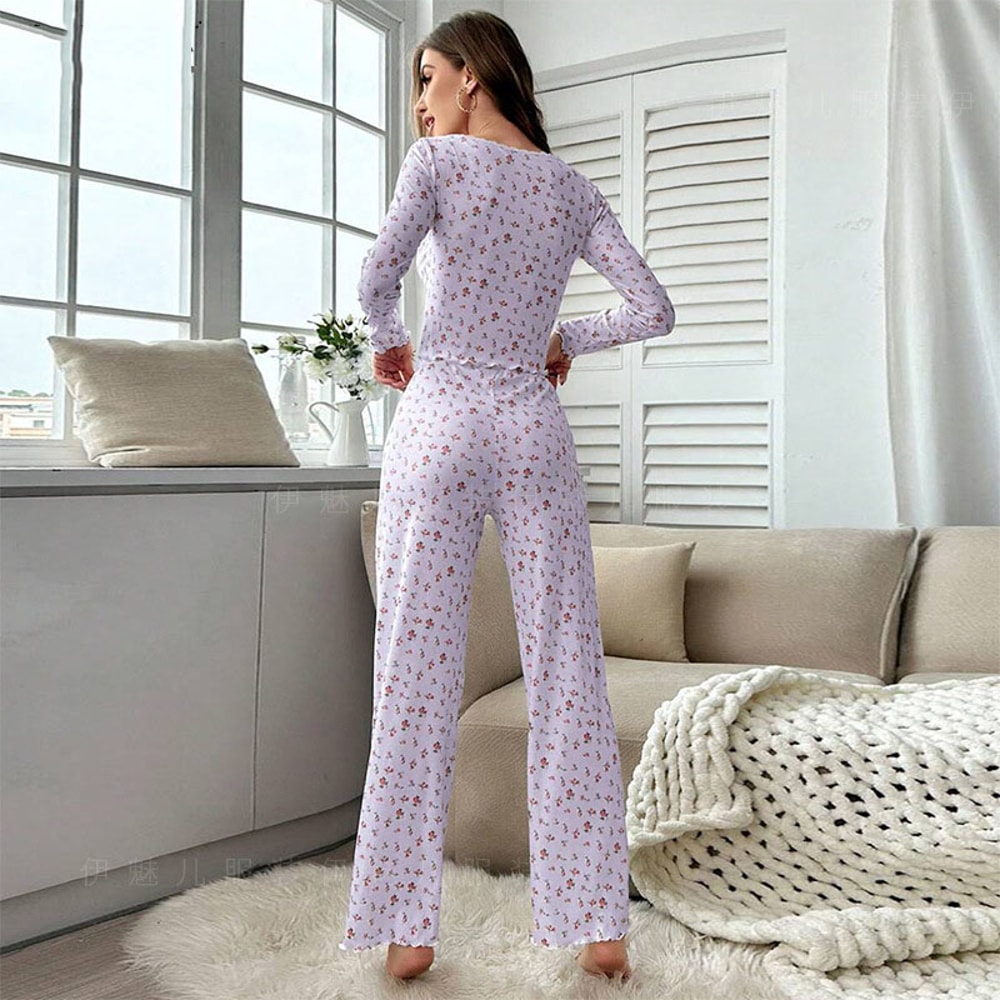 Comfortable Womens Floral Print Pajama Set Sexy Long Sleeve Top And Pants Soft Sleepwear Two Piece 1