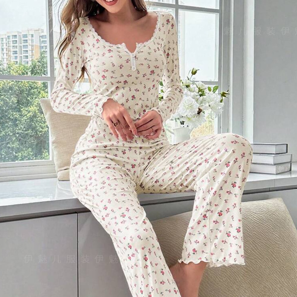 Comfortable Womens Floral Print Pajama Set Sexy Long Sleeve Top And Pants Soft Sleepwear Two Piece 2