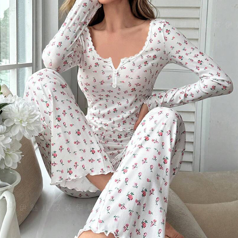 Comfortable Womens Floral Print Pajama Set Sexy Long Sleeve Top And Pants Soft Sleepwear Two Piece 4