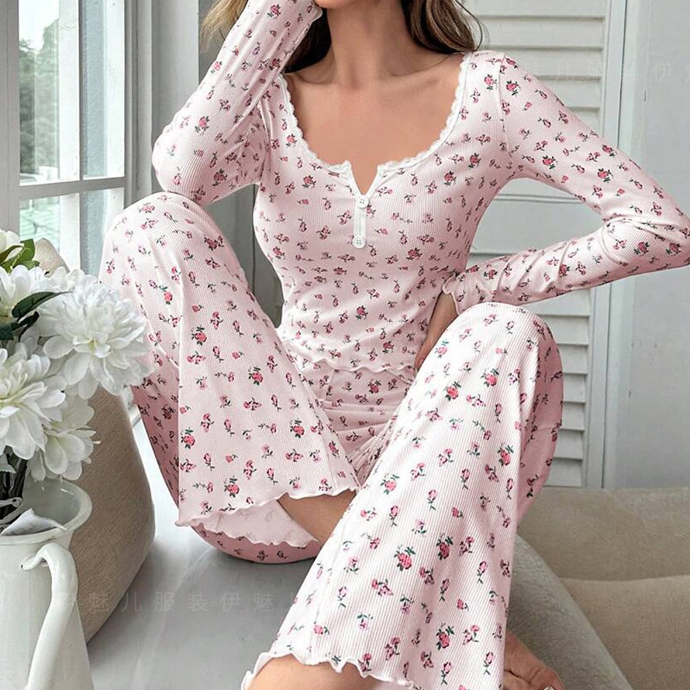 Comfortable Womens Floral Print Pajama Set Sexy Long Sleeve Top And Pants Soft Sleepwear Two Piece 5