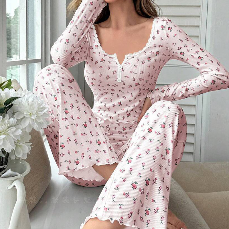 Comfortable Womens Floral Print Pajama Set Sexy Long Sleeve Top And Pants Soft Sleepwear Two Piece 5