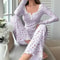 Comfortable Womens Floral Print Pajama Set Sexy Long Sleeve Top And Pants Soft Sleepwear Two Piece 3