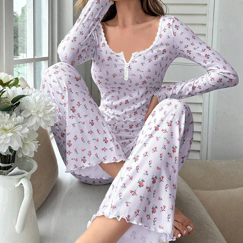 Comfortable Womens Floral Print Pajama Set Sexy Long Sleeve Top And Pants Soft Sleepwear Two Piece 3