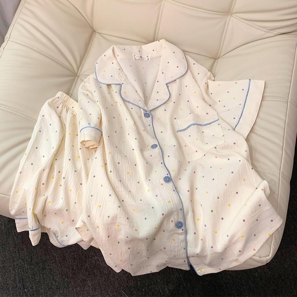 Polka Dot Pajama Set For Women Cotton Sleepwear Top And Shorts Casual Comfortable Home Suit Sweet S 1