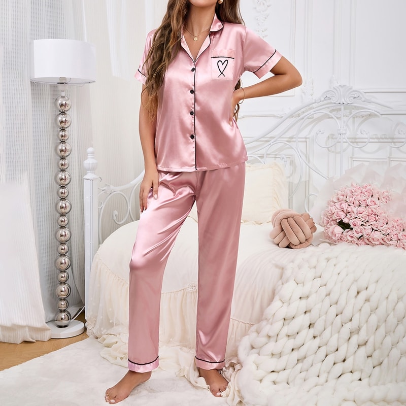 Autumn Womens Pajamas Sets Short Sleeve ButtonDown Pj Set Satin Loungewear Sleepwear Top Pants Com 1