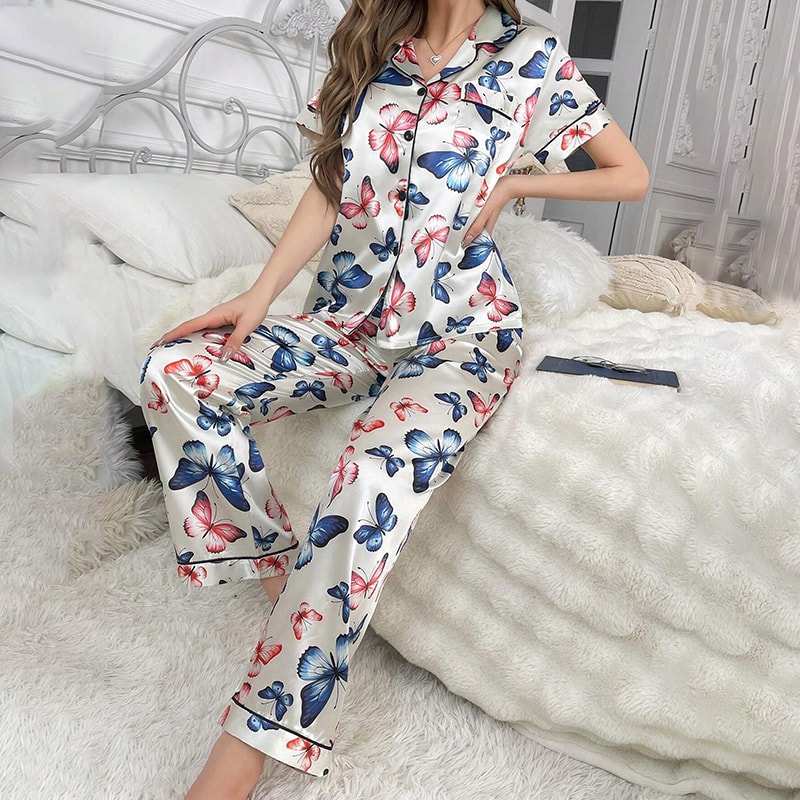 Autumn Womens Pajamas Sets Short Sleeve ButtonDown Pj Set Satin Loungewear Sleepwear Top Pants Com 8