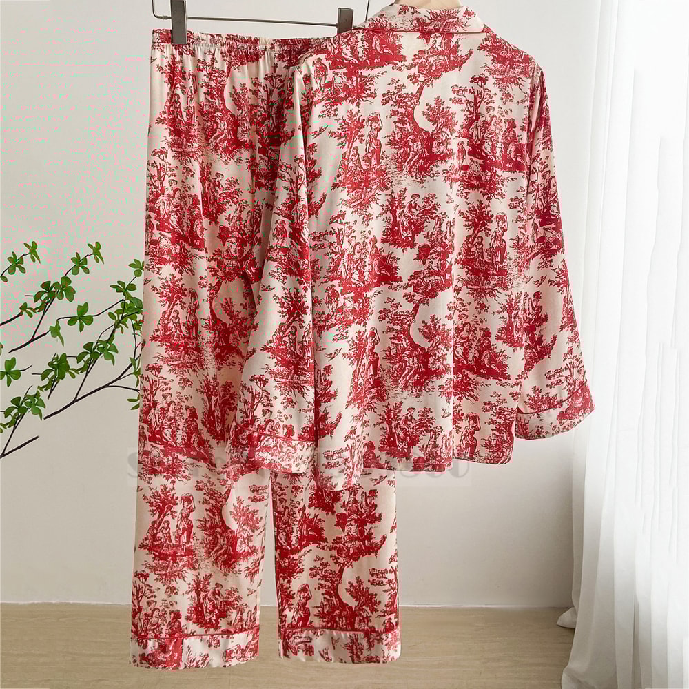 Women Sleepwear Spring Summer Fashion Print Flower Pajamas Set Trouser Suits Lounge Wear Loose Sati 4