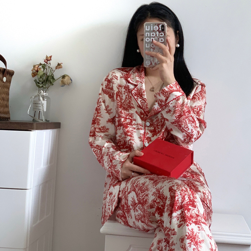 Women Sleepwear Spring Summer Fashion Print Flower Pajamas Set Trouser Suits Lounge Wear Loose Sati 0