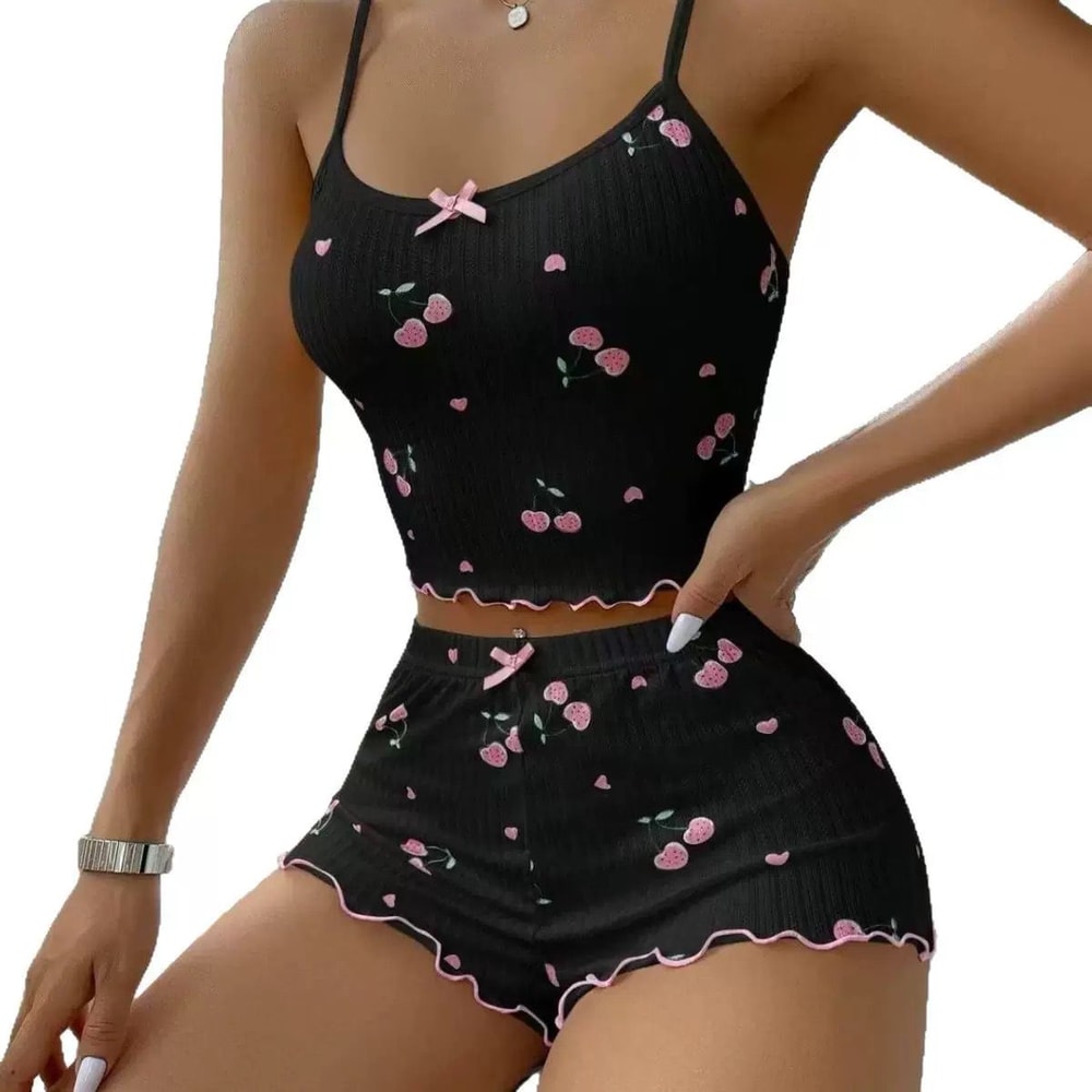 Summer Pajama Set For Women Ribbed Backless Crop Top Shorts Heart Print Bow Detail 0