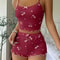 Summer Pajama Set For Women Ribbed Backless Crop Top Shorts Heart Print Bow Detail 1