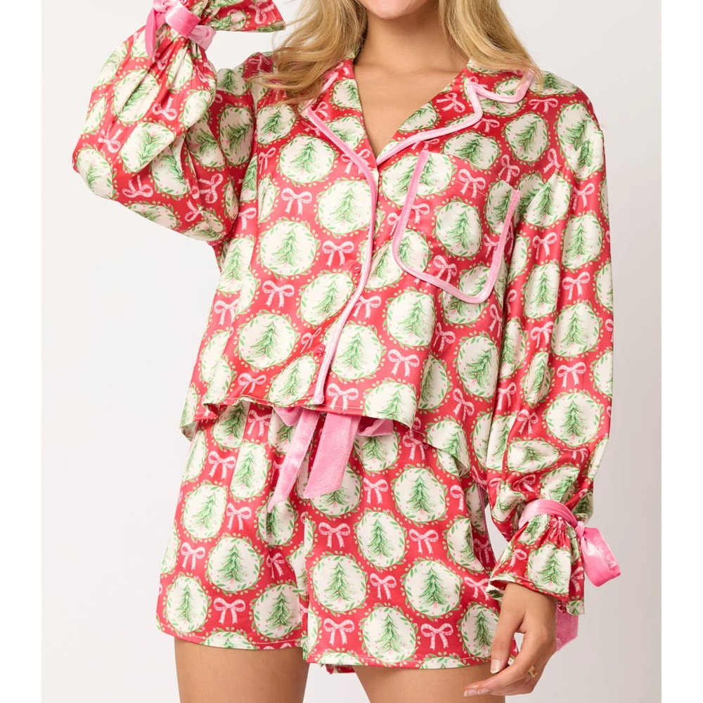 Satin Silk Christmas Pajamas For Women Bow Tie Long Sleeve Shirt Funny Graphic Sleepwear Shorts PJs 2