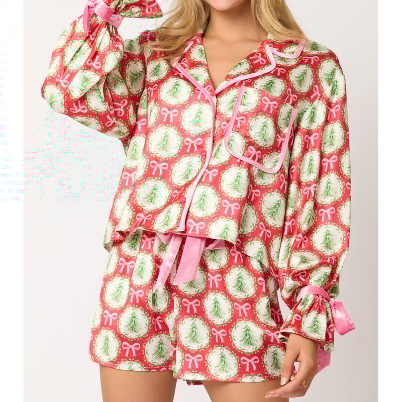 Satin Silk Christmas Pajamas For Women Bow Tie Long Sleeve Shirt Funny Graphic Sleepwear Shorts PJs 2