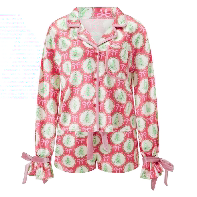 Satin Silk Christmas Pajamas For Women Bow Tie Long Sleeve Shirt Funny Graphic Sleepwear Shorts PJs 5