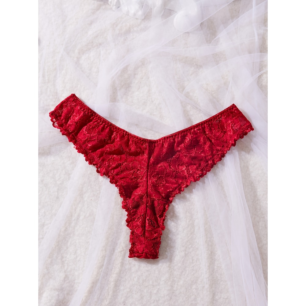 Sexy Lace Lingerie Set For Women Red Hot Sleepwear Nightdress VNeck Sheer Lace Camisole Matching Pa 1