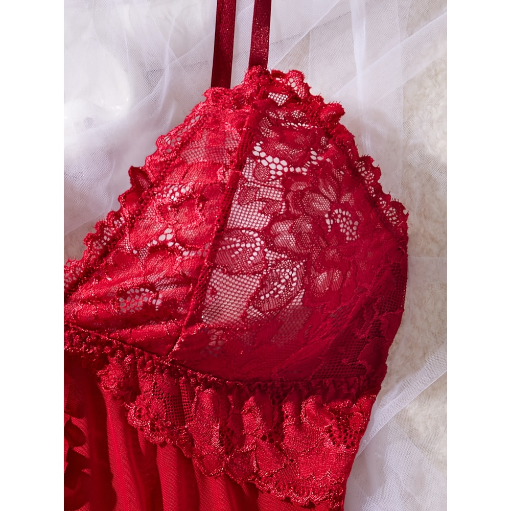 Sexy Lace Lingerie Set For Women Red Hot Sleepwear Nightdress VNeck Sheer Lace Camisole Matching Pa 3