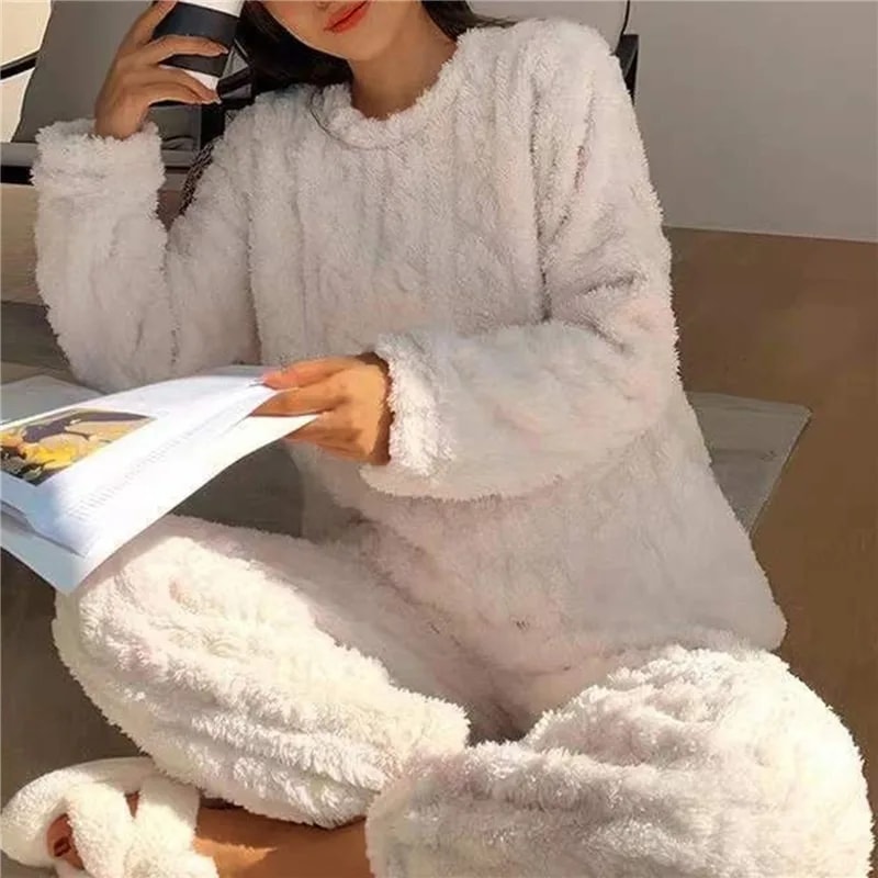 Cozy Women Pajama Set Soft Coral Velvet Jacquard Winter Loungewear Warm Outerwear For Christmas Ba 0
