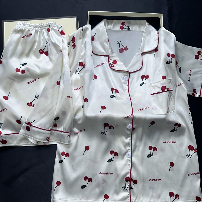 Casual Shorts And Top Set Pajamas Cherries Print Two Pieces Pajamas Set Summer Faux Stain Pajamas F 1