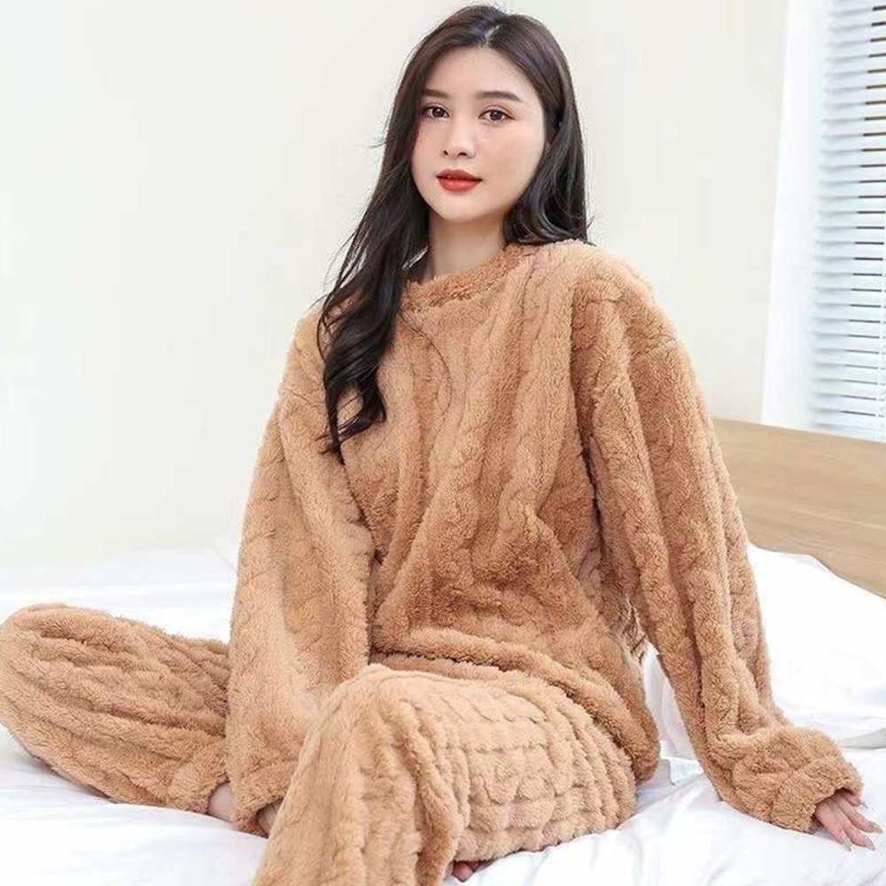 Women Casual Pajama Sets Autumn Solid Warm Thicken Velvet Ribbed Fleece Set 3