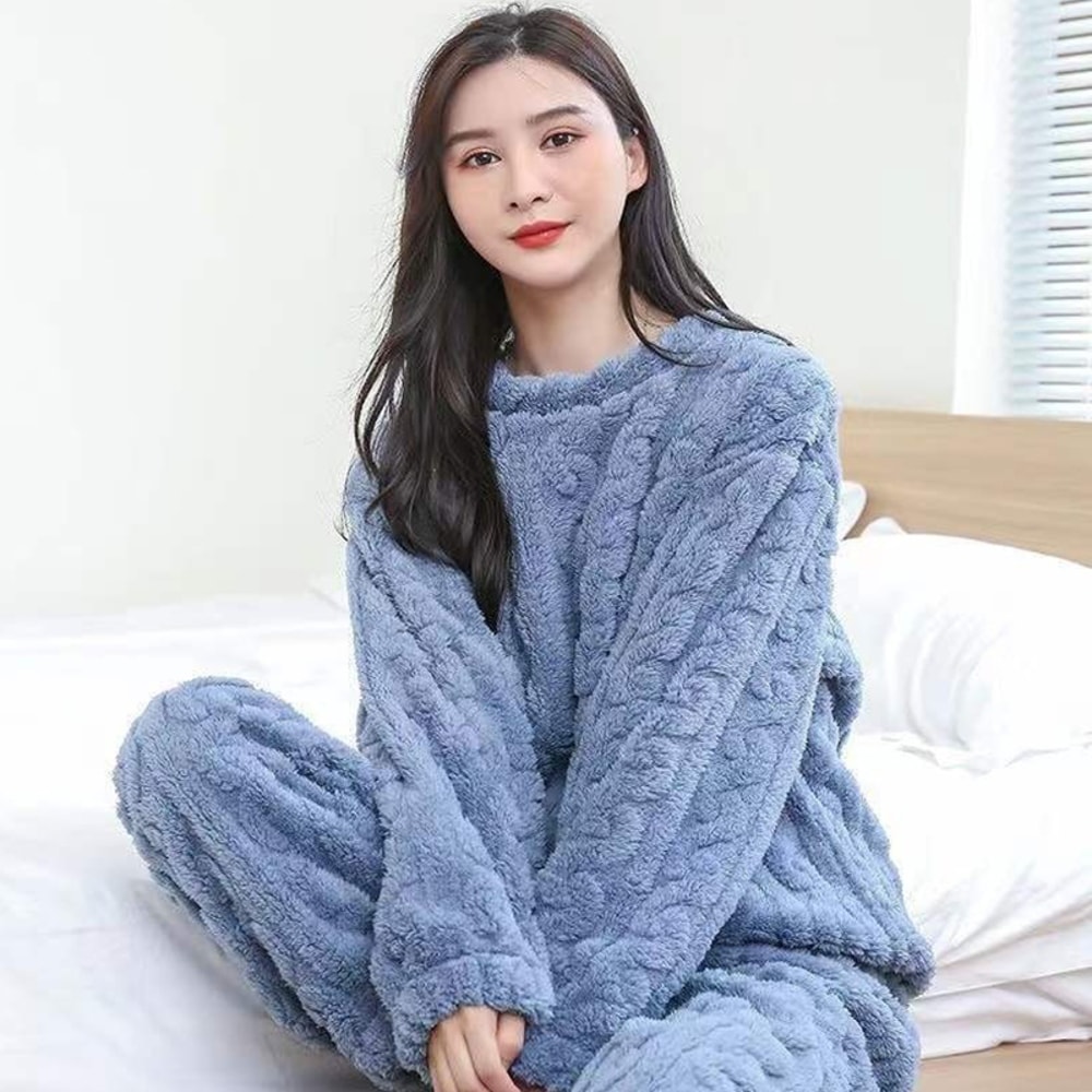 Women Casual Pajama Sets Autumn Solid Warm Thicken Velvet Ribbed Fleece Set 5