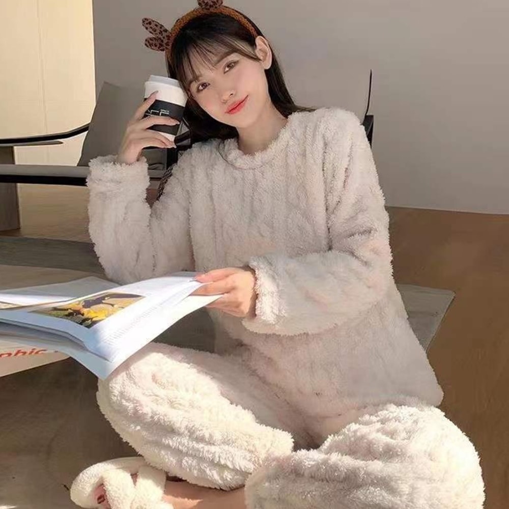 Women Casual Pajama Sets Autumn Solid Warm Thicken Velvet Ribbed Fleece Set 1