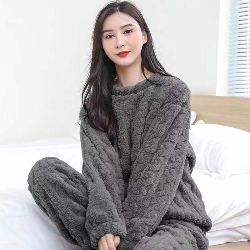 Women Casual Pajama Sets Autumn Solid Warm Thicken Velvet Ribbed Fleece Set 6