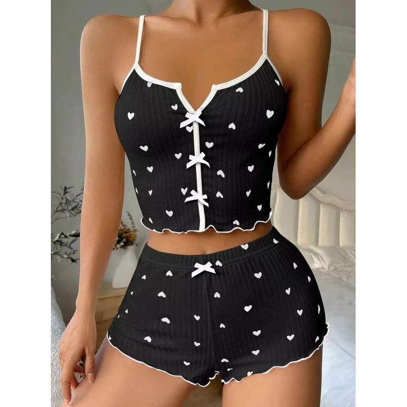 Womens Cute Heart Print Pajama Set Ribbed Sleepwear With Bow Detail Soft Comfortable Loungewear Pj 4