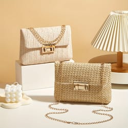 solid color woven straw handwoven women's shoulder bag, fashion crossbody purse with lock closure, stylish and durable