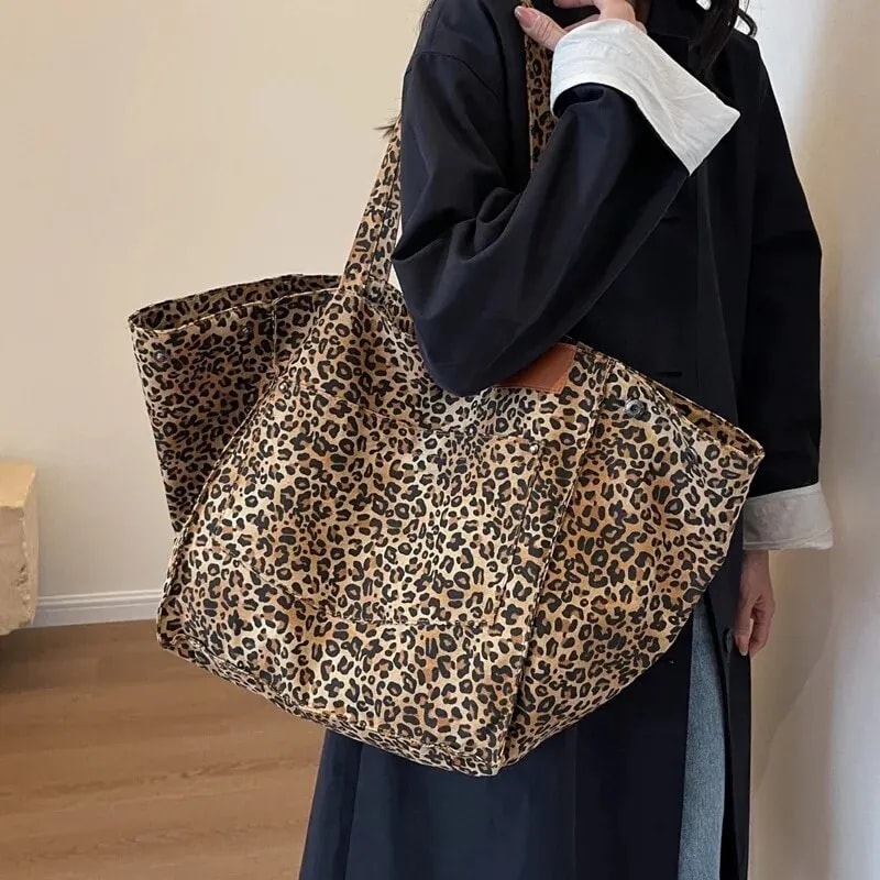 Vintage Canvas Shoulder Bag Leopard Pattern Tote Bag Fashion Big Capacity Handbag For School Work S 4