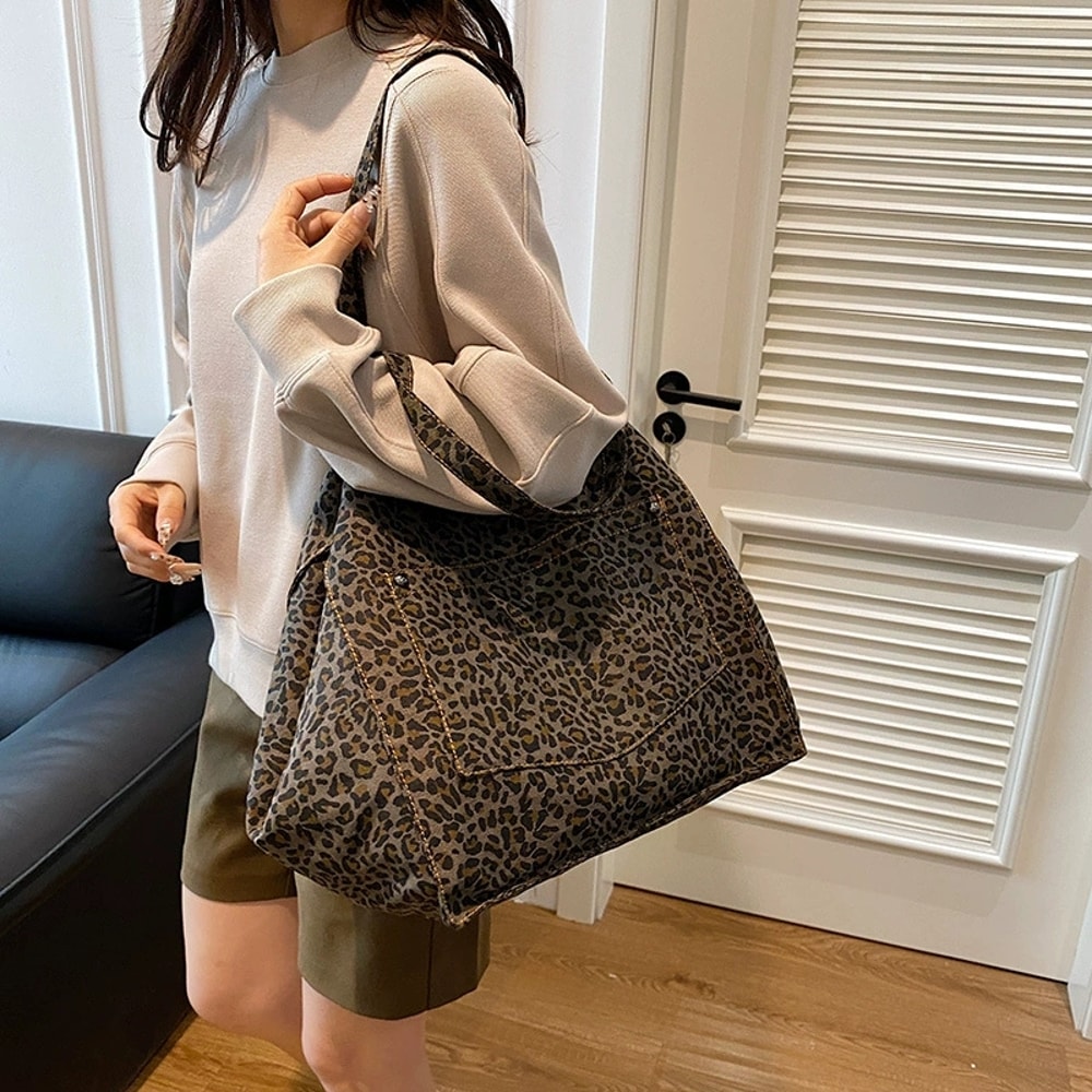 Vintage Canvas Shoulder Bag Leopard Pattern Tote Bag Fashion Big Capacity Handbag For School Work S 5