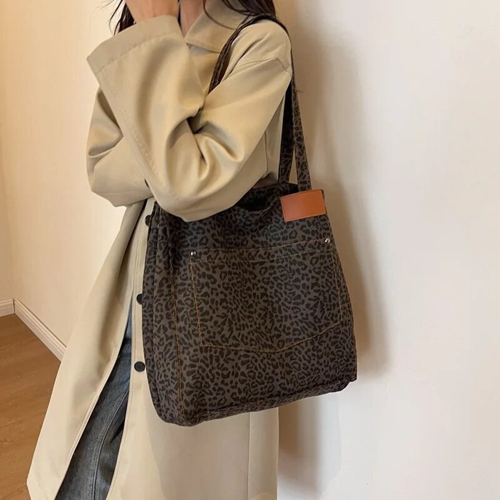 Vintage Canvas Shoulder Bag Leopard Pattern Tote Bag Fashion Big Capacity Handbag For School Work S 3