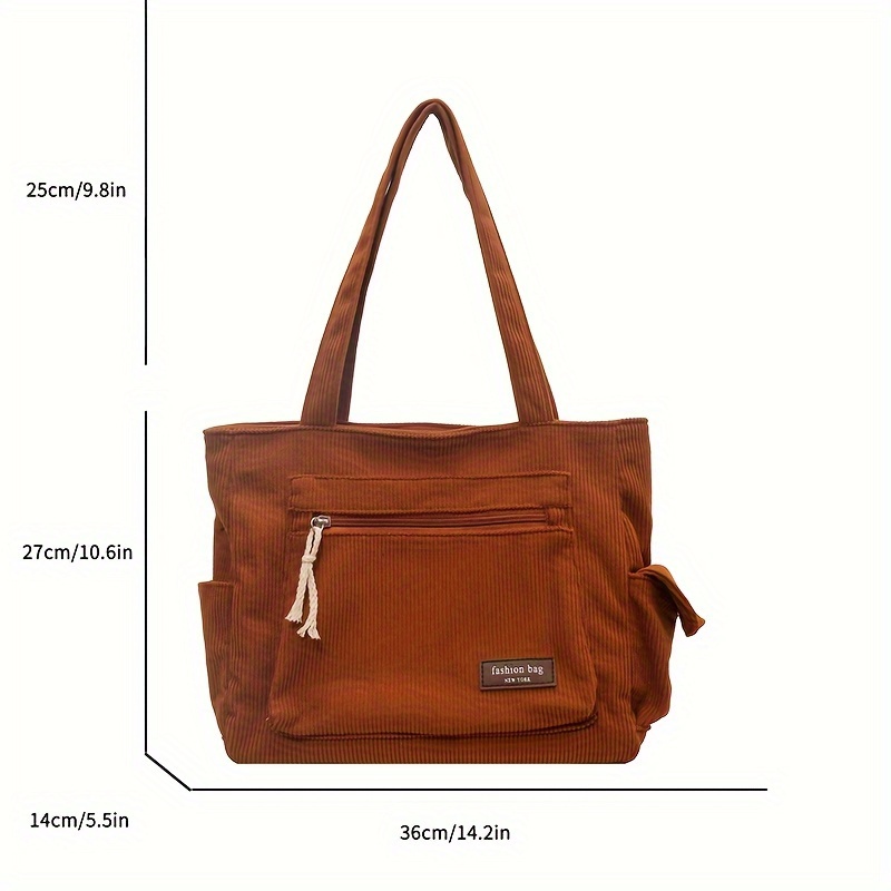 Retro Multi Pockets Handbag Solid Color Shoulder Bag Simple Corduroy Tote Bag For School Work Shopp 5