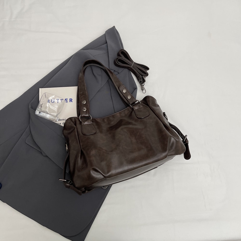 Retro Large Capacity Women Pure Color PU Shoulder Tote Bag Chic Fashion Handbag Durable PU Leather 1