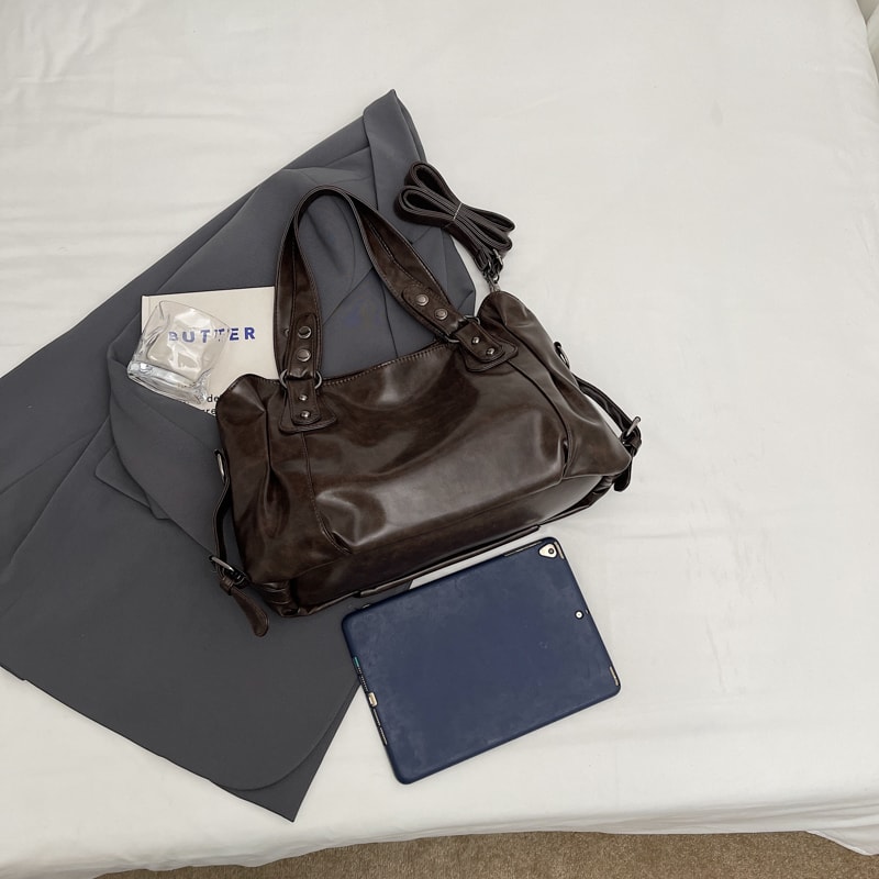 Retro Large Capacity Women Pure Color PU Shoulder Tote Bag Chic Fashion Handbag Durable PU Leather 2