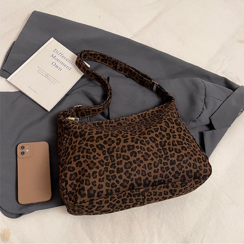 Womens Shoulder Bag Trendy Casual Soft Textile Large Capacity Leopard Print Retro Crossbody Bag For 1