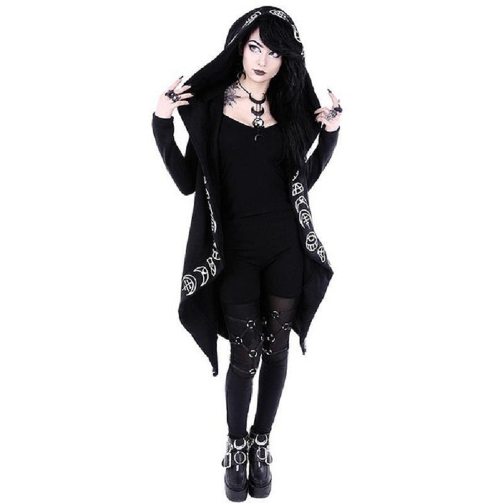 Long-Sleeved Fashion Trend Ladies Punk Cardigan Sweater, Moon Pattern Print, Long Style Perfect for Layering