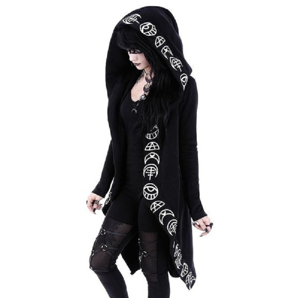 Long-Sleeved Fashion Trend Ladies Punk Cardigan Sweater, Moon Pattern Print, Long Style Perfect for Layering