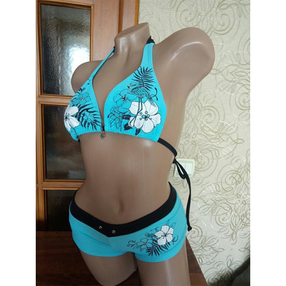 Sexy Womens Bathing Bikini Vintage Flower Print Halter Swimwear High Street Beach Fashion Set 1