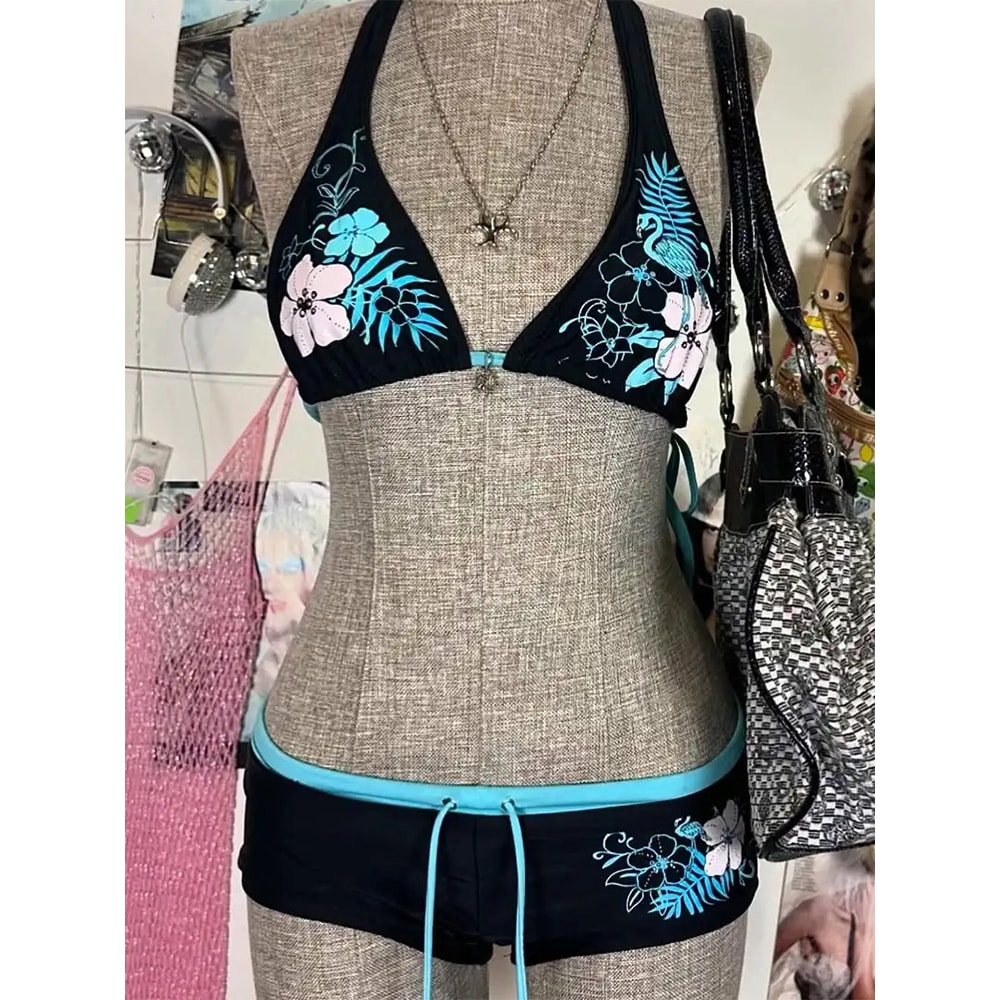 Sexy Womens Bathing Bikini Vintage Flower Print Halter Swimwear High Street Beach Fashion Set 3