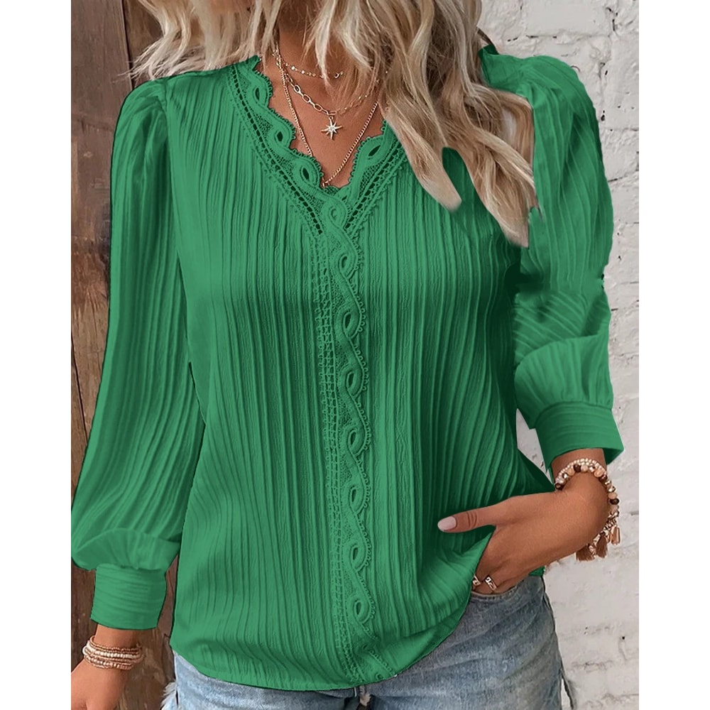 Chic Women Shirt Elegant Summer Hollow Lace Patchwork Blouse V Neck Long Sleeve Shirt Plain Lace Ca 1
