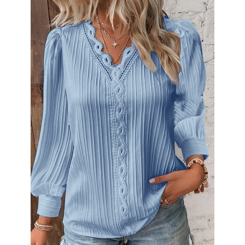 Chic Women Shirt Elegant Summer Hollow Lace Patchwork Blouse V Neck Long Sleeve Shirt Plain Lace Ca 2