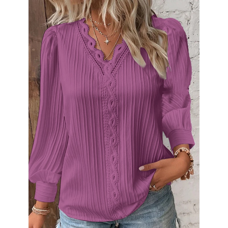 Chic Women Shirt Elegant Summer Hollow Lace Patchwork Blouse V Neck Long Sleeve Shirt Plain Lace Ca 4