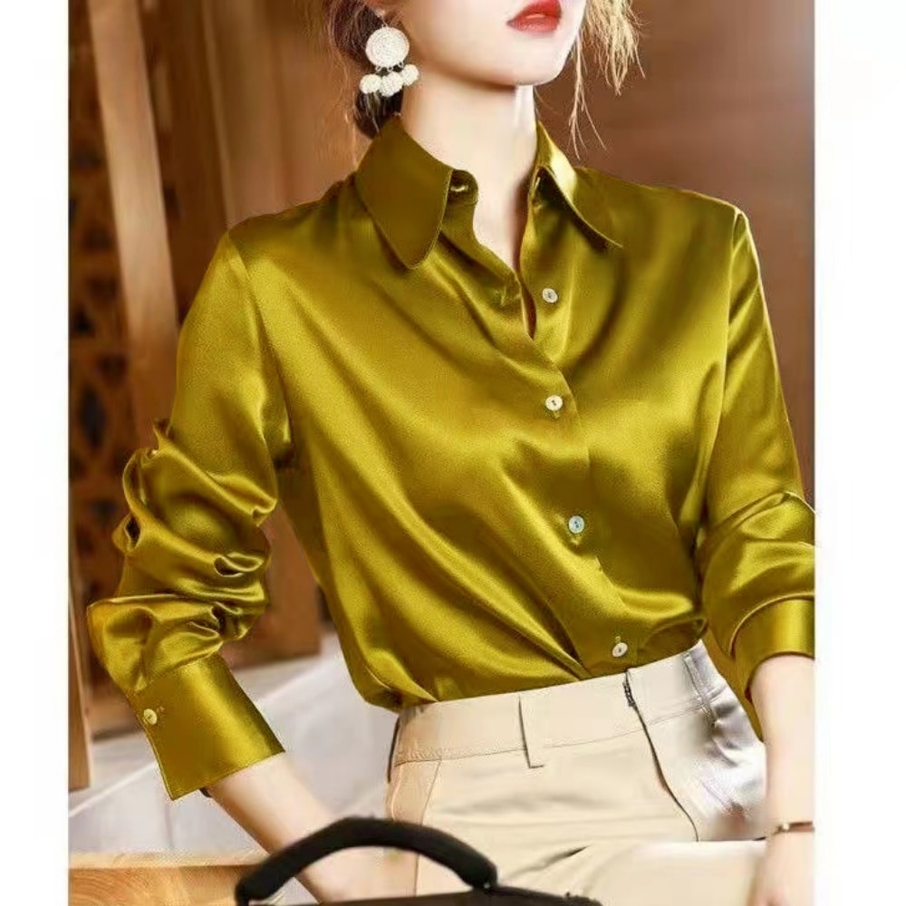 Casual Elegant Satin Long Sleeved Shirt For Office Summer Trend Fashion Womens Shirts And Blouses S 1