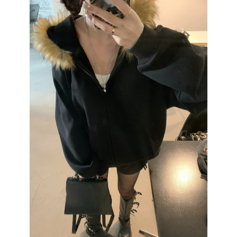 Vintage Korean Harajuku Black Jackets Subculture Gothic Women Coats With Hoodies Faux Fur Coat Fema 2