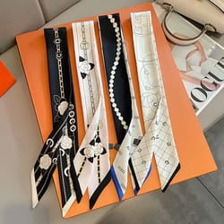 women's double-sided twill thin ribbon headband, french elegant black and white tied handle bag, long small silk scarf