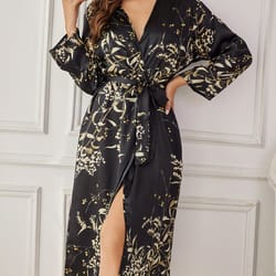 elegant women's silk robe, floral print, long sleeve, breathable loungewear for all seasons