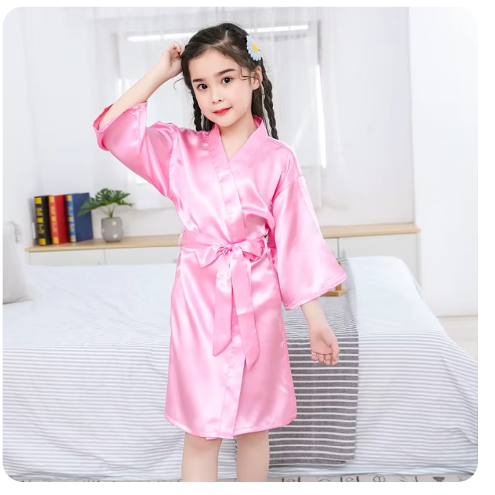 Satin Silk Pink Bathrobes For Girls Nightwear Kimono Summer Girl Sleepwear Children Wedding Spa Par 0